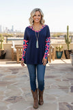 Western leopard & navy blue cold shoulder women's boutique top BQ10505 FS12
