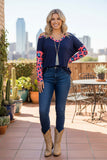 Western leopard & navy blue cold shoulder women's boutique top BQ10505 FS12