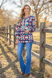 Western aztec bubble sleeve w/criss cross neckline women's boutique top BQ11481 (FS6)