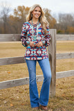 Western aztec bubble sleeve w/criss cross neckline women's boutique top BQ11481 (FS6)