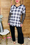 Checked & leopard printed tighten long sleeve women tops BQ11648 FS2