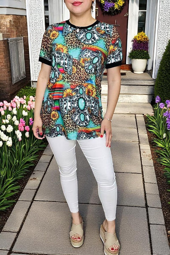 T-shrit wholesale Thunderbird serape & animal print short sleeve women's top BQ12453 (GS8)