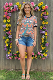 Orange turquoise jewel & cow printed short sleeve top BQ12459 (GS6)