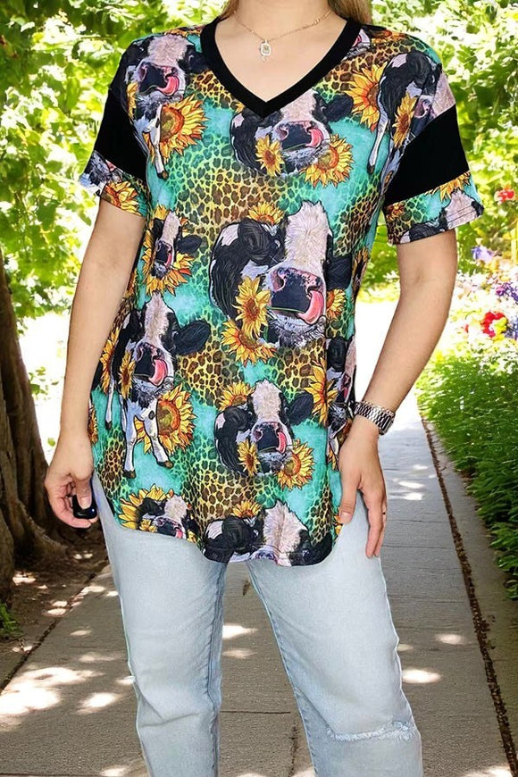 Women t-shirt suppliers Cow & sunflower leopard printed wshort sleeve tops BQ12527 (GS4)