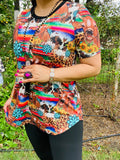 BQ12530 Serape &cow jewels multi color  printed short sleeve women top IS19