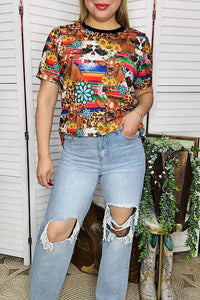 Western women's t-shirt wholesale Serape & cow jewels printed w/short sleeve BQ12530 IS19
