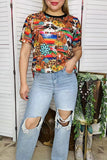Western women's t-shirt wholesale Serape & cow jewels printed w/short sleeve BQ12530 IS19