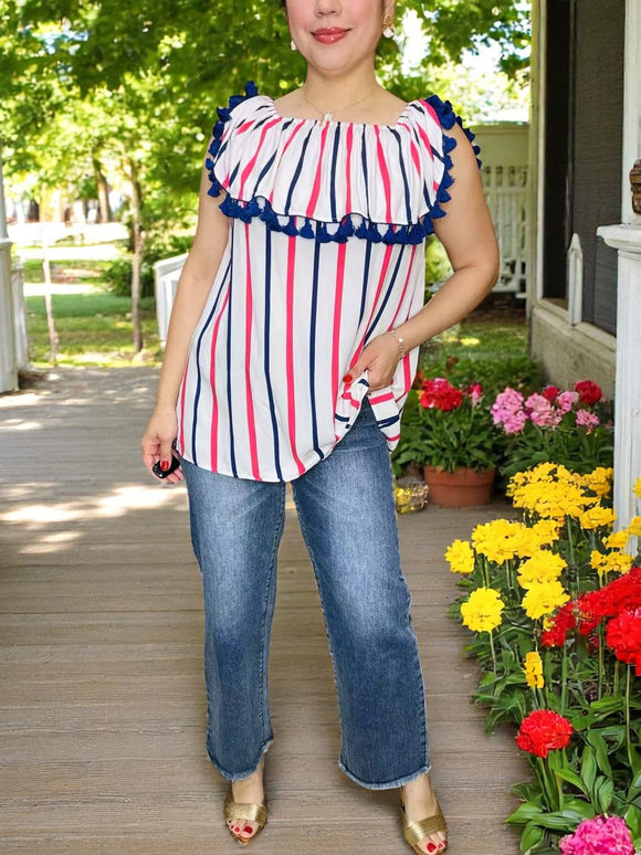 Women apparel wholesale 4th July Stripe printed off shoulder women tops  BQ13343-2 (FS3)