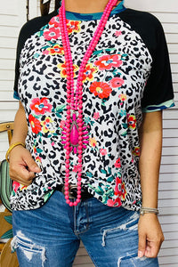 Leopard & flower printed raglan short sleeve t-shirt BQ13549S
