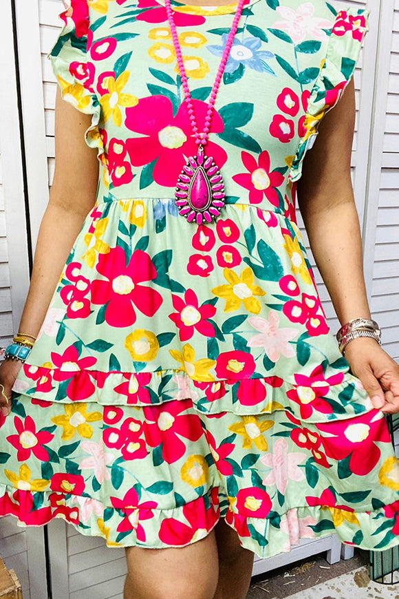 BQ13717 Floral printed ruffle sleeve women dress