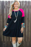 Western patchwork raglan sleeve black women's boutique dress BQ13811