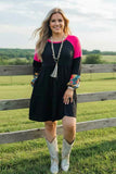 Western patchwork raglan sleeve black women's boutique dress BQ13811