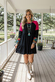 Western patchwork raglan sleeve black women's boutique dress BQ13811