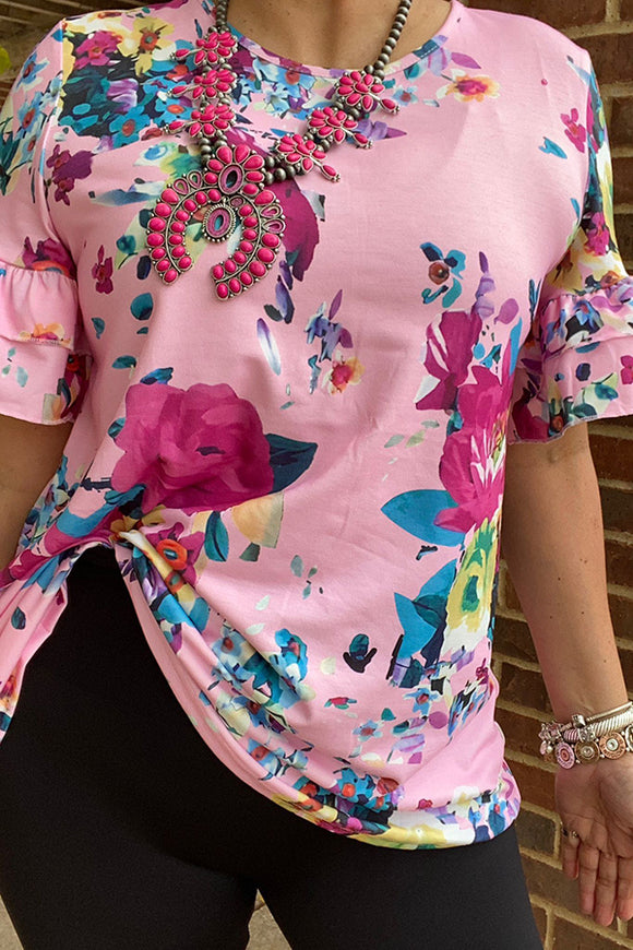 Pink floral printed short sleeve top w/trim BQ13818