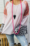 Leopard, pink, sequin bell raglan long sleeve blouse BQ13928