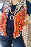 BQ13932 Leopard printed orange front &back long tassel/fringe women vest/cardigan (ES6)