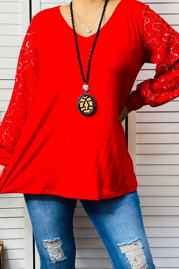Red women top w/lace sleeves and v-neckline BQ14110-2