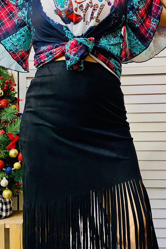 BQ14114 Black fringe trim asymetrical hem faux suede skirt