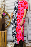 Half black cow,pink leopard printed maxi dress w/leg slit BQ14201