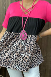 BQ14306 Hot pink & Black & Leopard prints color block women top