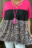 BQ14306 Hot pink & Black & Leopard prints color block women top