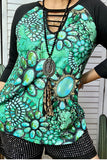 Turquoise jewelry printed black raglan sleeve top with/keyhole BQ14386