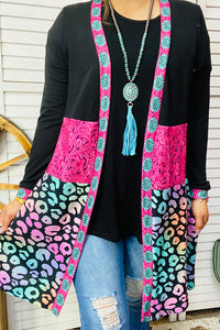 Western duster wholesale Black & Paisley printed & Leopard long sleeve cardigan BQ14456