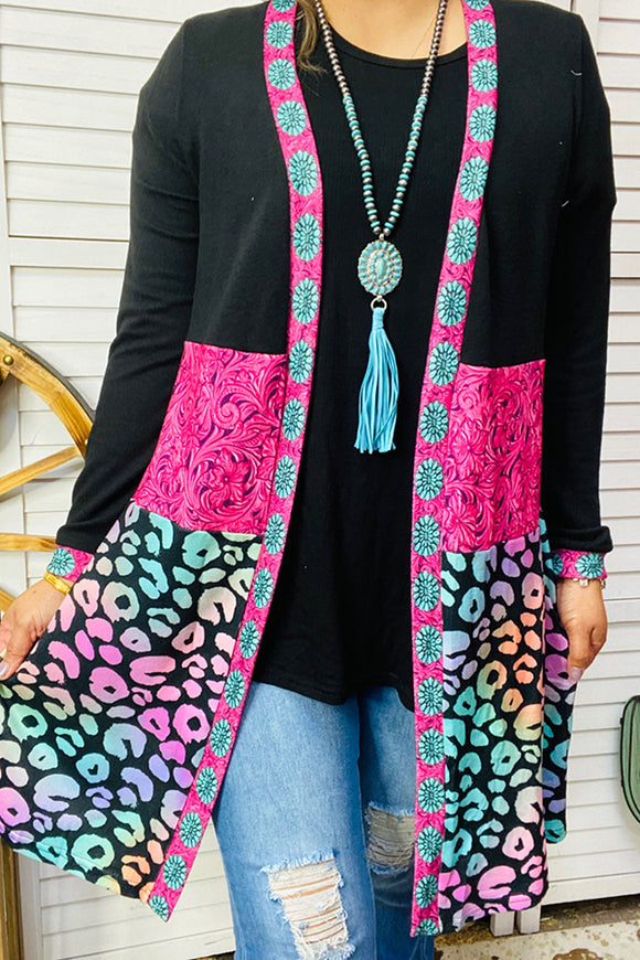 Western duster wholesale Black & Paisley printed & Leopard long sleeve cardigan BQ14456