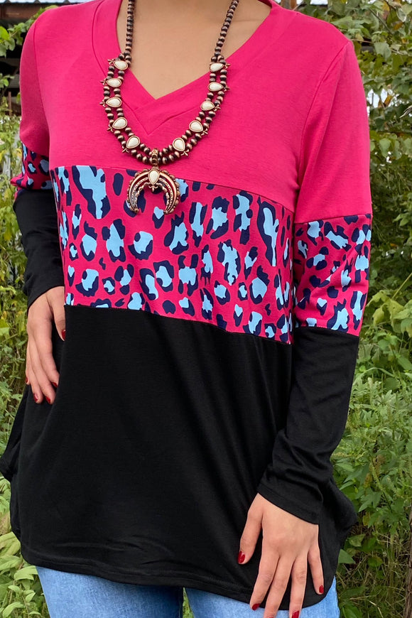 BQ14457 Pink & leopard & black color block long sleeve women top wholesale (AS2)