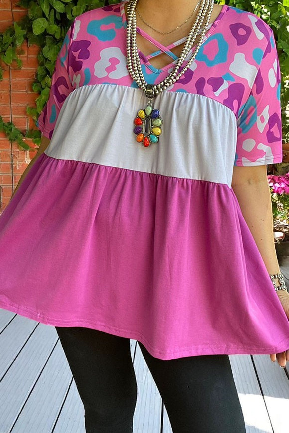 Cheap t-shirt wholesale Leopard & color block loose style blouse w/cross straps BQ14558 (ES8)