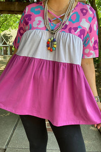 BQ14558 Leopard print & color block short sleeve baby doll blouse w/criss cross (ES8)