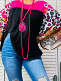 Pink & black color block women top w/leopard,flower,paisley bell sleeves BQ14559