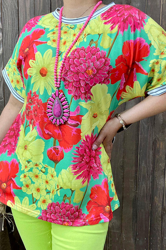 BQ14660 Neon green & red &yellow floral printed short sleeve women top