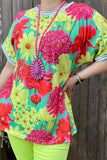 BQ14660 Neon green & red floral printed short sleeve women top
