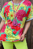 BQ14660 Neon green & red floral printed short sleeve women top