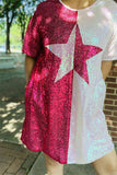 BQ14736 Half pink&fuchsia star center sequin short sleeve women dress (AS1)