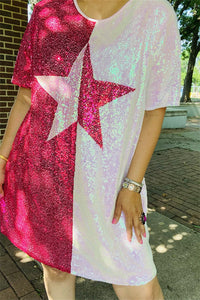 BQ14736 Half pink&fuchsia star center sequin short sleeve women dress (AS1)