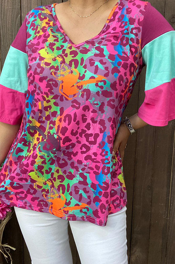 BQ14809 Multi color Leopard print & color block half sleeves women top