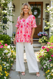 Pink floral printed short sleeve w/ruffle baby doll women tops BQ14922 ES3
