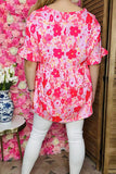 Wholesale boutique clothes Pink floral printed short sleeve w/ruffle baby doll women tops BQ14922