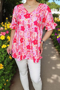 Wholesale boutique clothes Pink floral printed short sleeve w/ruffle baby doll women tops BQ14922