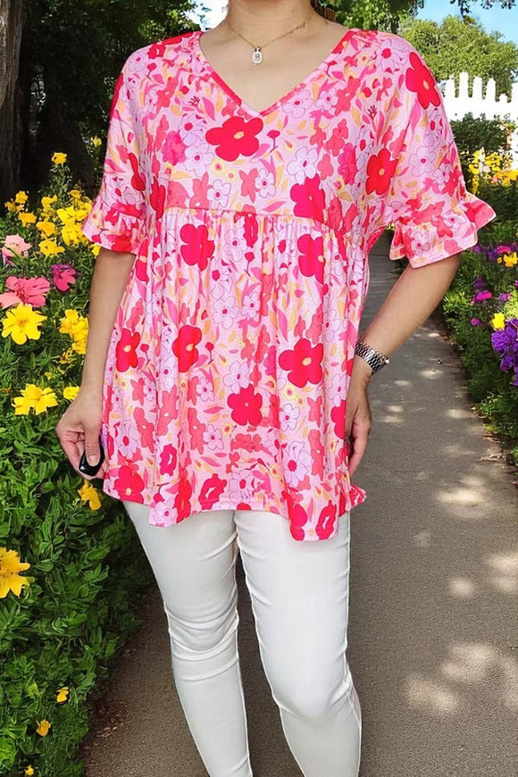 Wholesale boutique clothes Pink floral printed short sleeve w/ruffle baby doll women tops BQ14922