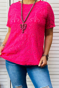 BQ14925 Hot pink lining lace women top w/trim, short sleeve CS10