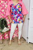 Women's clothing vendors Floral & pink color block 3/4 sleeve top BQ15017 (FS8)