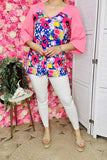 Women's clothing vendors Floral & pink color block 3/4 sleeve top BQ15017 (FS8)