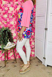 Women's clothing vendors Floral & pink color block 3/4 sleeve top BQ15017 (FS8)