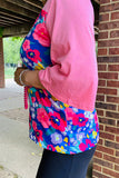 BQ15017 Multi color floral prints & pink color block 3/4 sleeve women top