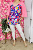 Women's clothing vendors Floral & pink color block 3/4 sleeve top BQ15017 (FS8)
