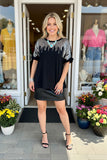 Silver sequin & black short sleeve w/ruffle trim women tops BQ15090-1 IS21