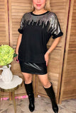Silver sequin & black short sleeve w/ruffle trim women tops BQ15090-1 IS17